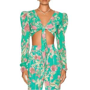 Hemant and Nandita Floral Tie Front Crop Top in Teal Size Small